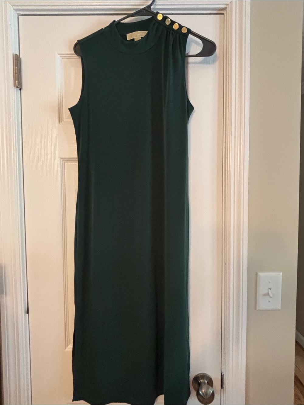 Michael Kors Dark Green Sleeveless Midi Dress with Gold Buttons
